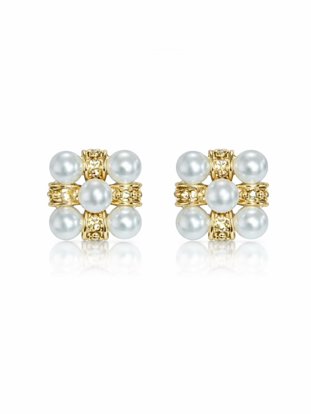 Gold and White Pearl Cluster Stud Earrings
